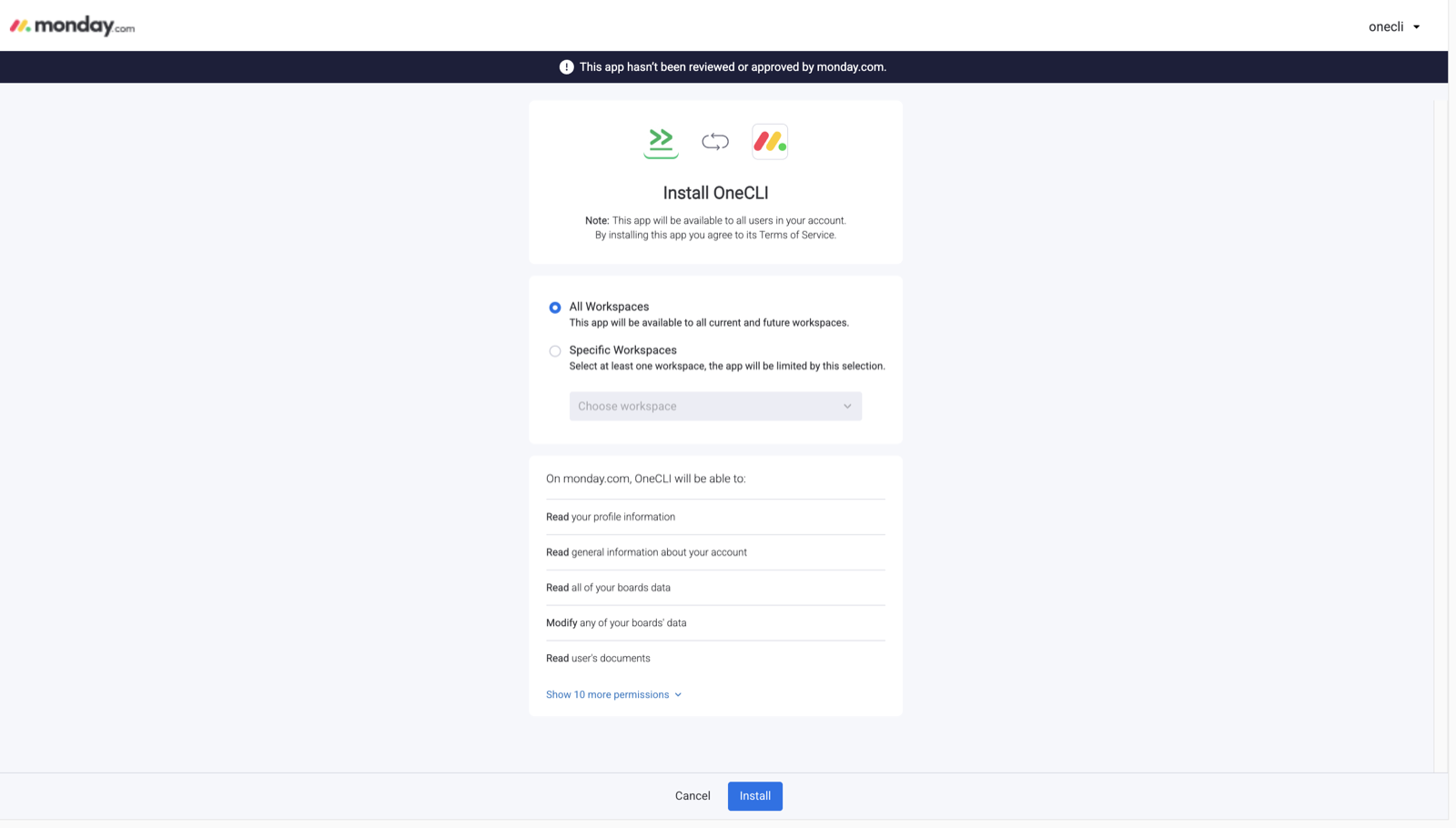 Monday.com Install OneCLI screen with All Workspaces selected, a Specific Workspaces option with a workspace picker, the permissions OneCLI requests, and the Install button.