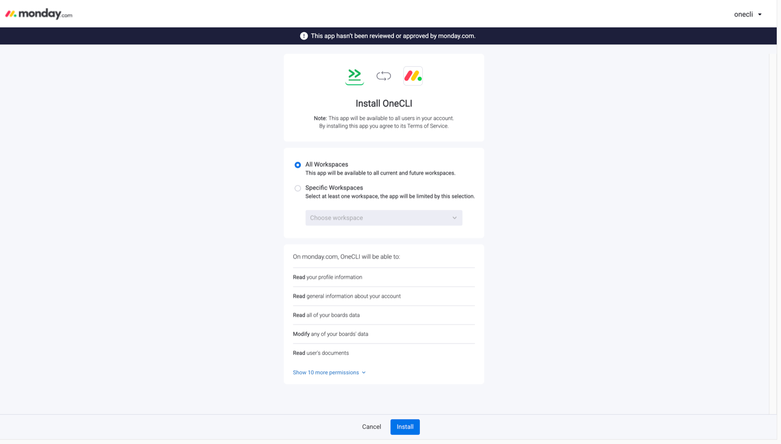 Monday.com Install OneCLI screen with All Workspaces selected, a Specific Workspaces option with a workspace picker, the permissions OneCLI requests, and the Install button.