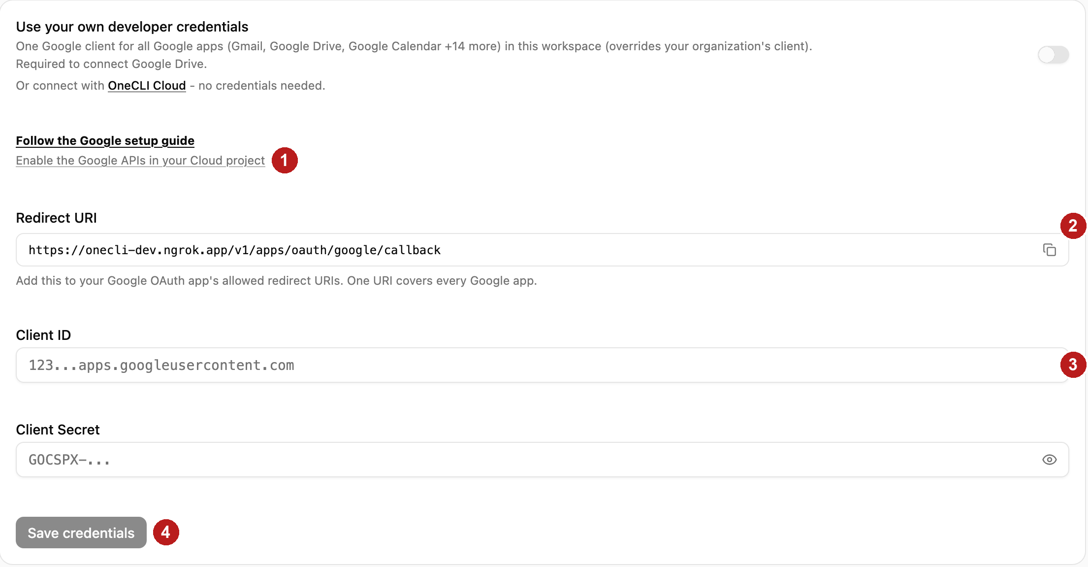 OneCLI Google credentials form with the setup guide link, Enable the Google APIs link, Redirect URI, Client ID, Client Secret, and Save credentials.