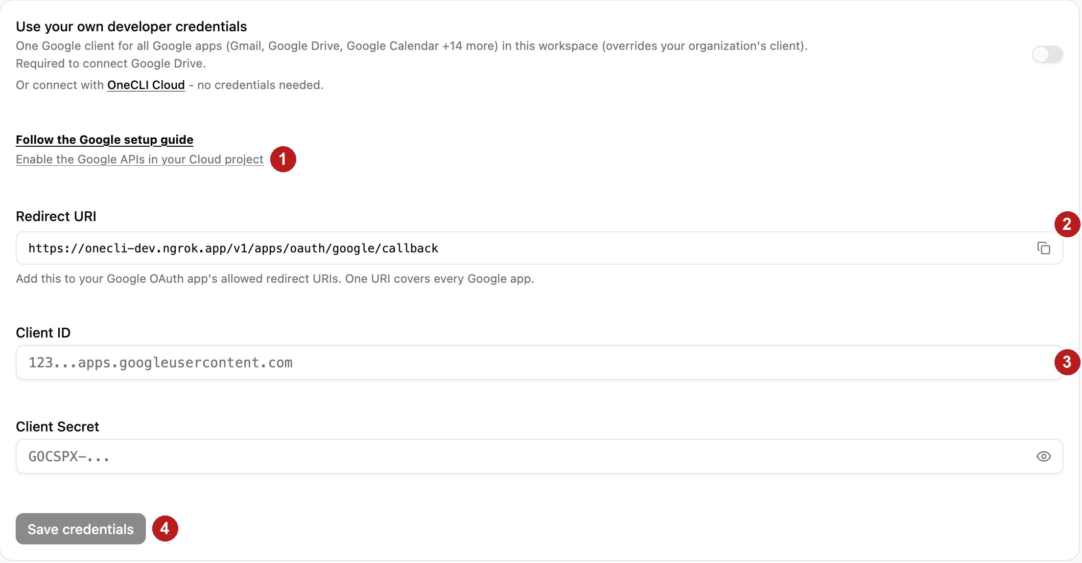 OneCLI Google credentials form with the setup guide link, Enable the Google APIs link, Redirect URI, Client ID, Client Secret, and Save credentials.