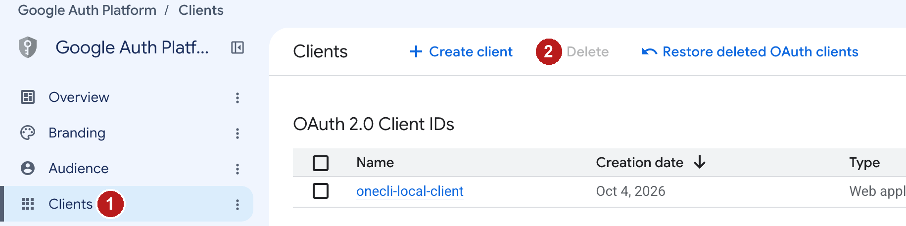 Google Auth Platform Clients page with the Create client button.