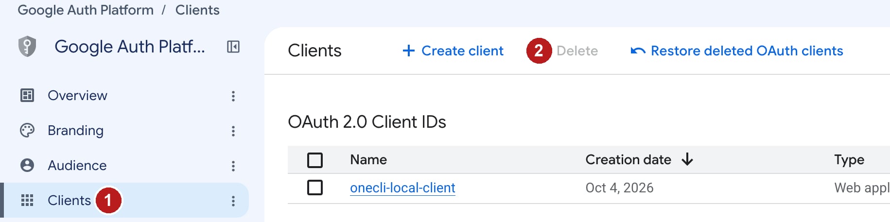 Google Auth Platform Clients page with the Create client button.