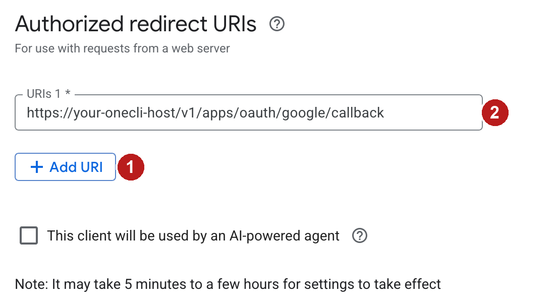 Authorized redirect URIs section with the OneCLI redirect URI filled in.