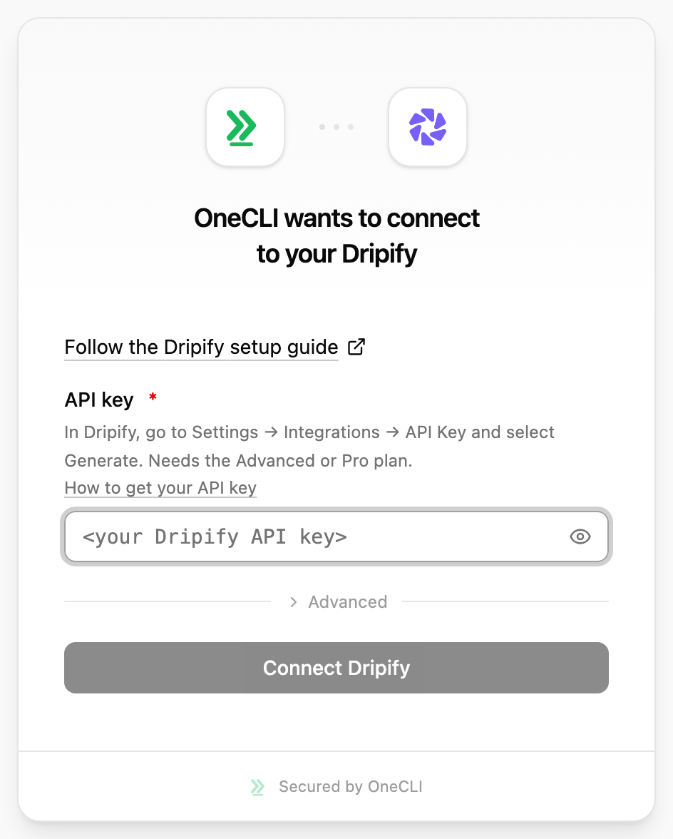 OneCLI connect window for Dripify, showing the setup guide link, the API key field with a hint to go to Settings, Integrations, API Key, and the Connect Dripify button.