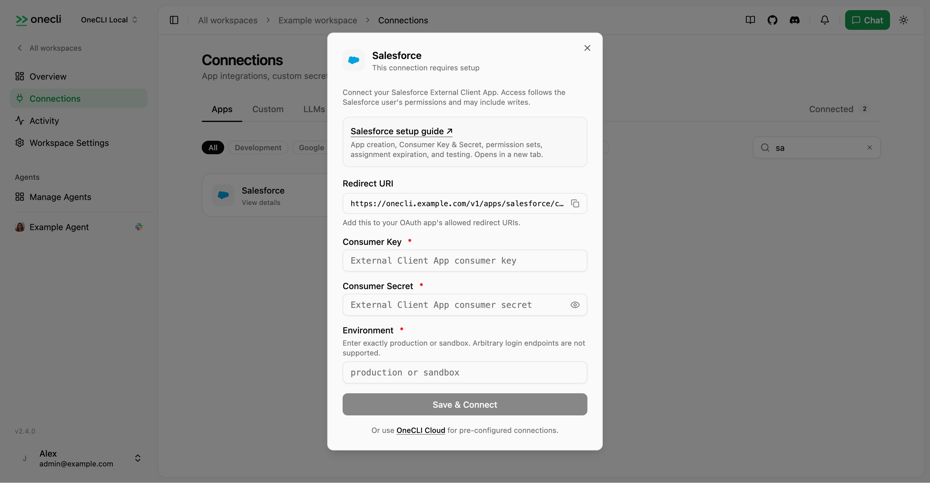 OneCLI Salesforce setup popup with the setup guide link, Redirect URI copy button, and empty credential fields.