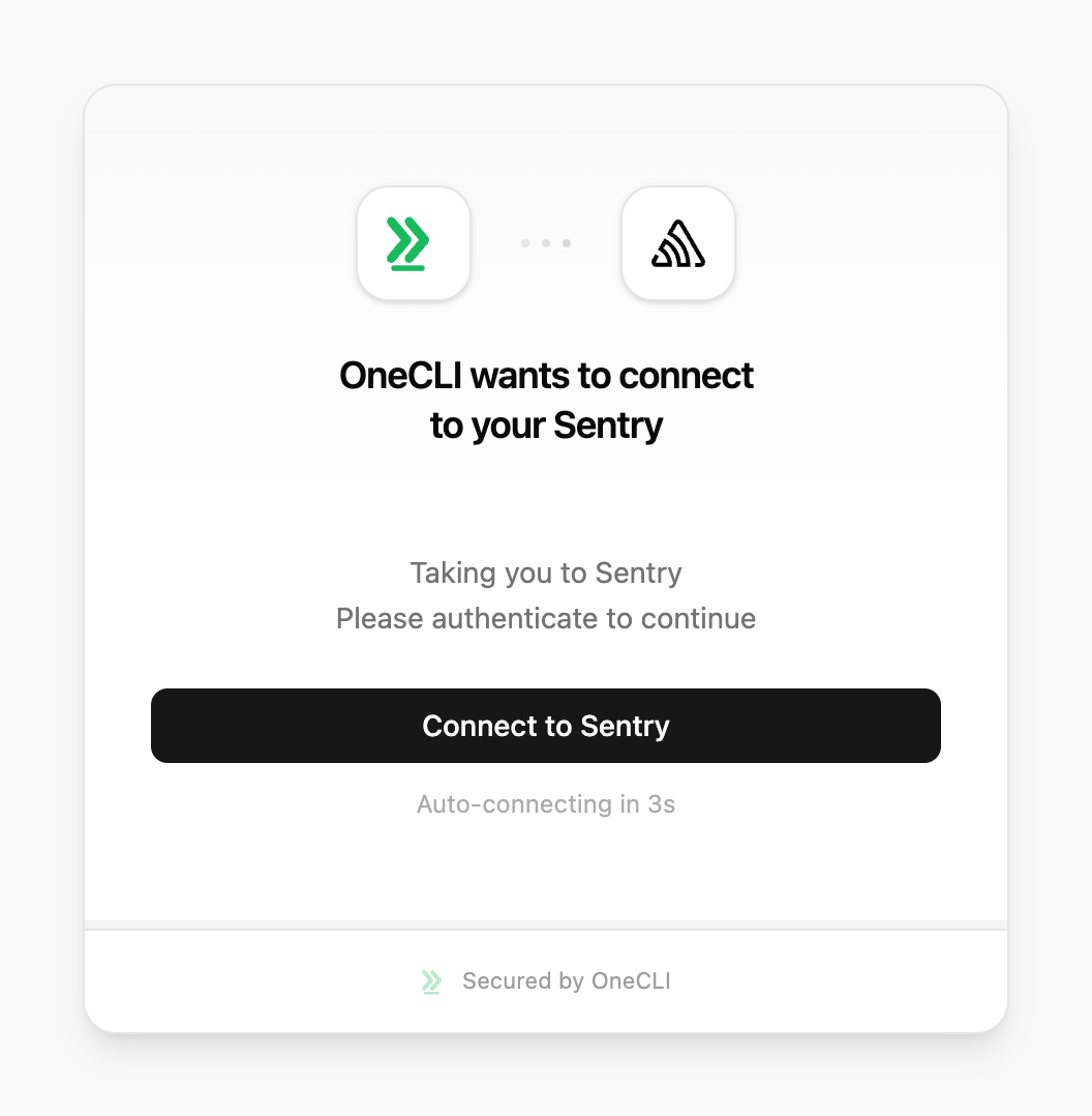 OneCLI connect window for Sentry on Cloud, showing the Connect to Sentry button.