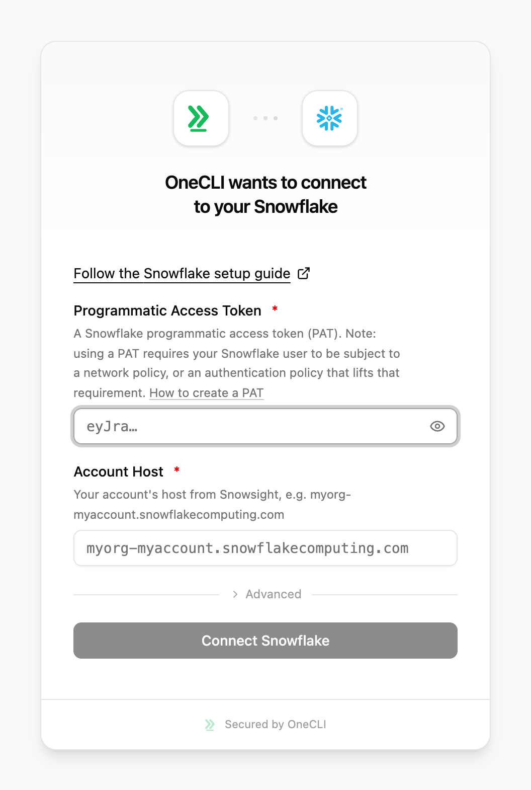 OneCLI connect window for Snowflake, showing the setup guide link, the Programmatic Access Token and Account Host fields, and the Connect Snowflake button.