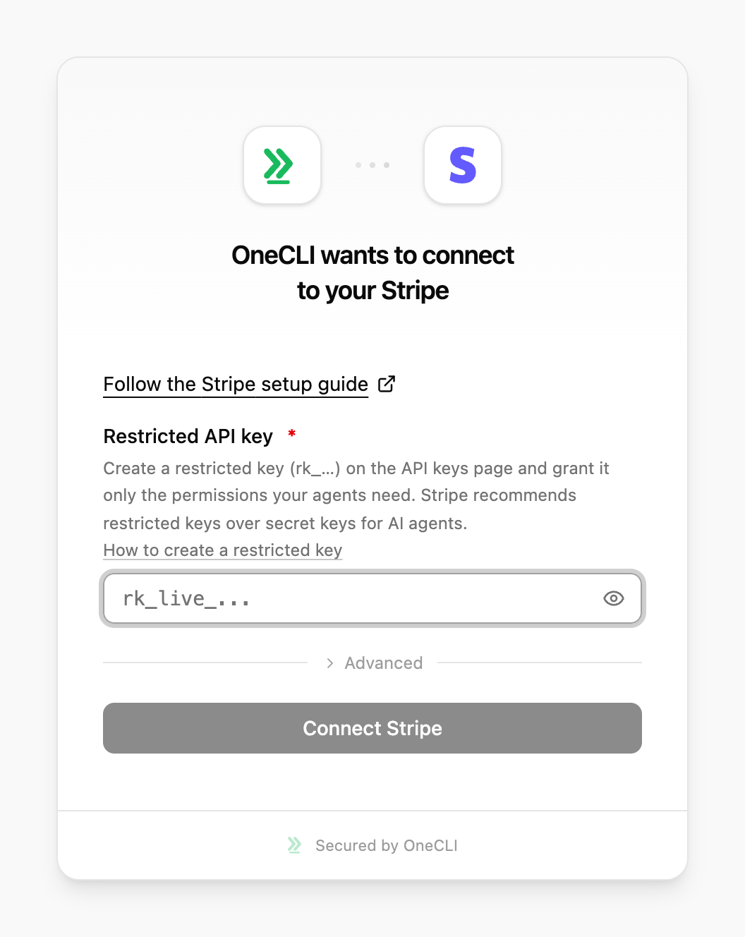 OneCLI connect window for Stripe, showing the setup guide link, the Restricted API key field, and the Connect Stripe button.