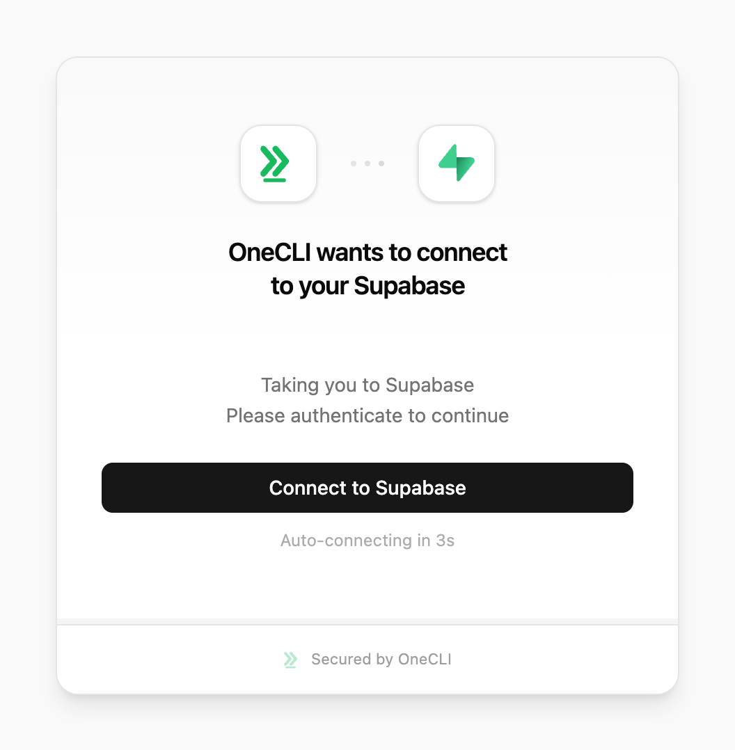 OneCLI connect window for Supabase on Cloud, showing the Connect to Supabase button.