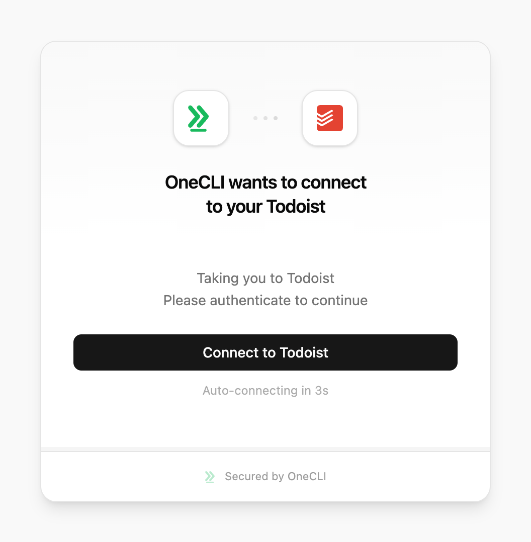 OneCLI connect window for Todoist on Cloud, showing the Connect to Todoist button.