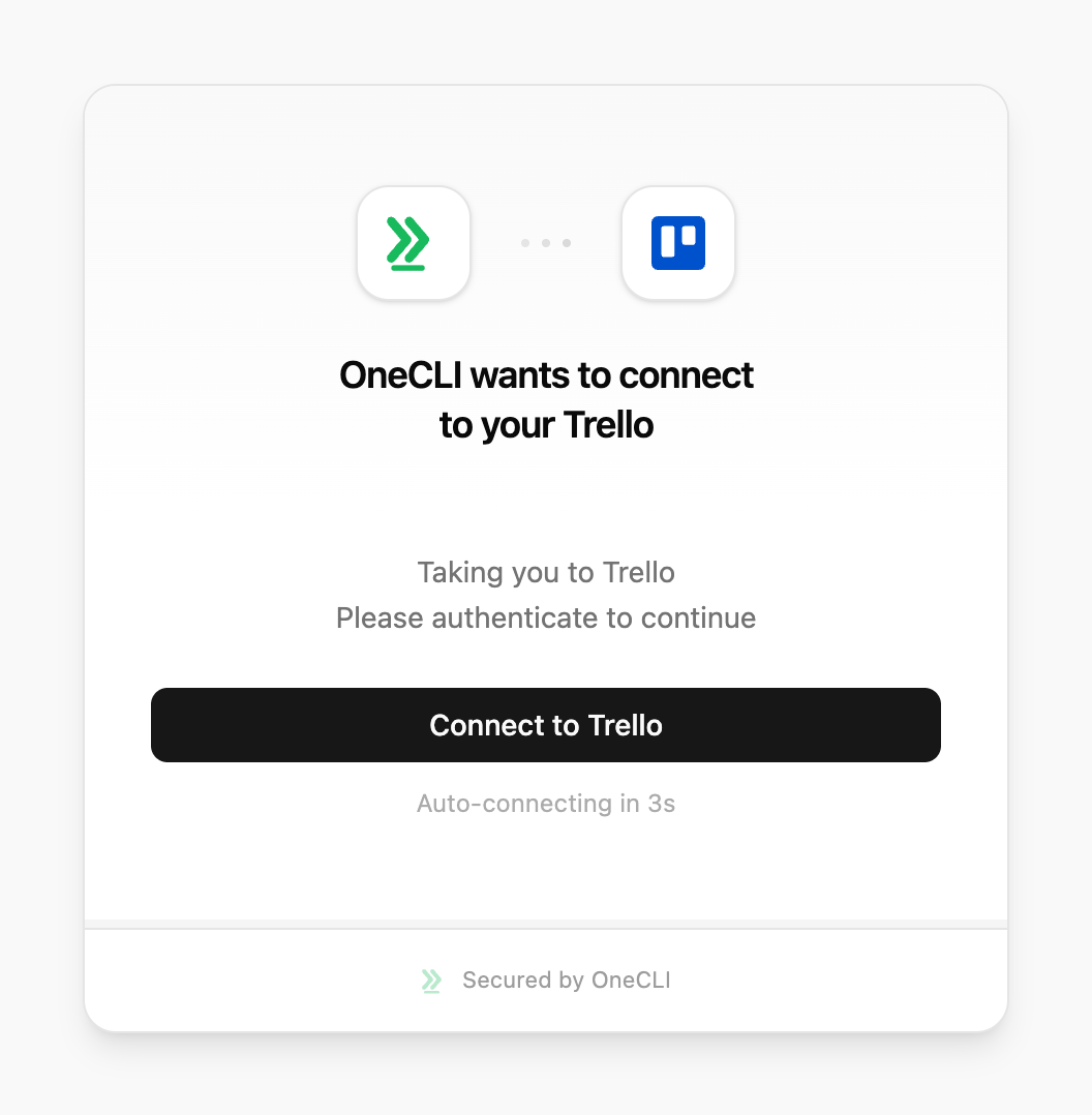OneCLI connect window for Trello, showing the setup guide link and the Connect to Trello button.