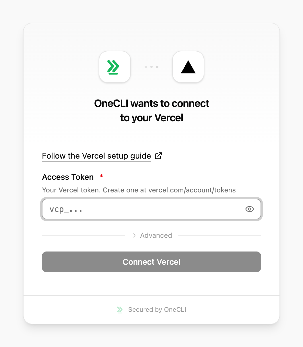 OneCLI connect window for Vercel, showing the setup guide link, the Access Token field, and the Connect Vercel button.