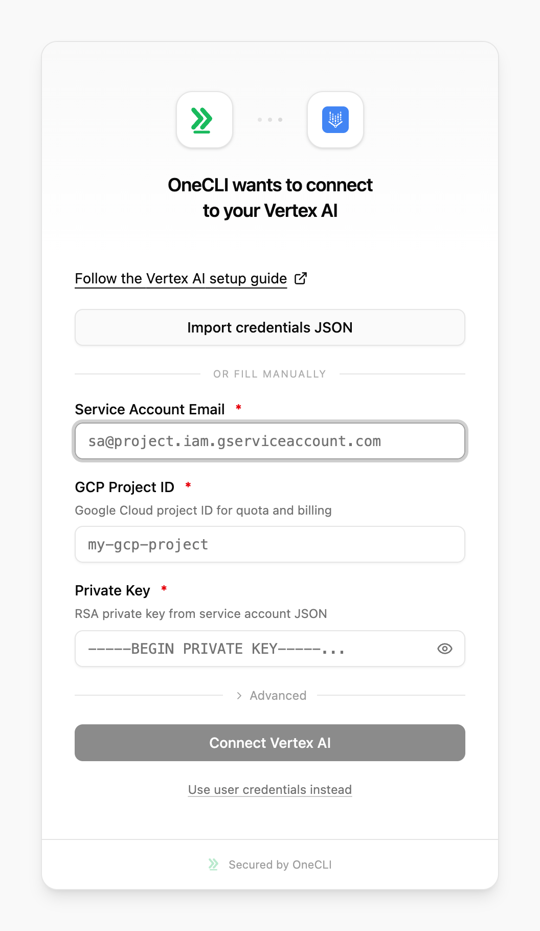 OneCLI connect window for Vertex AI, showing the setup guide link and the fields to fill in.
