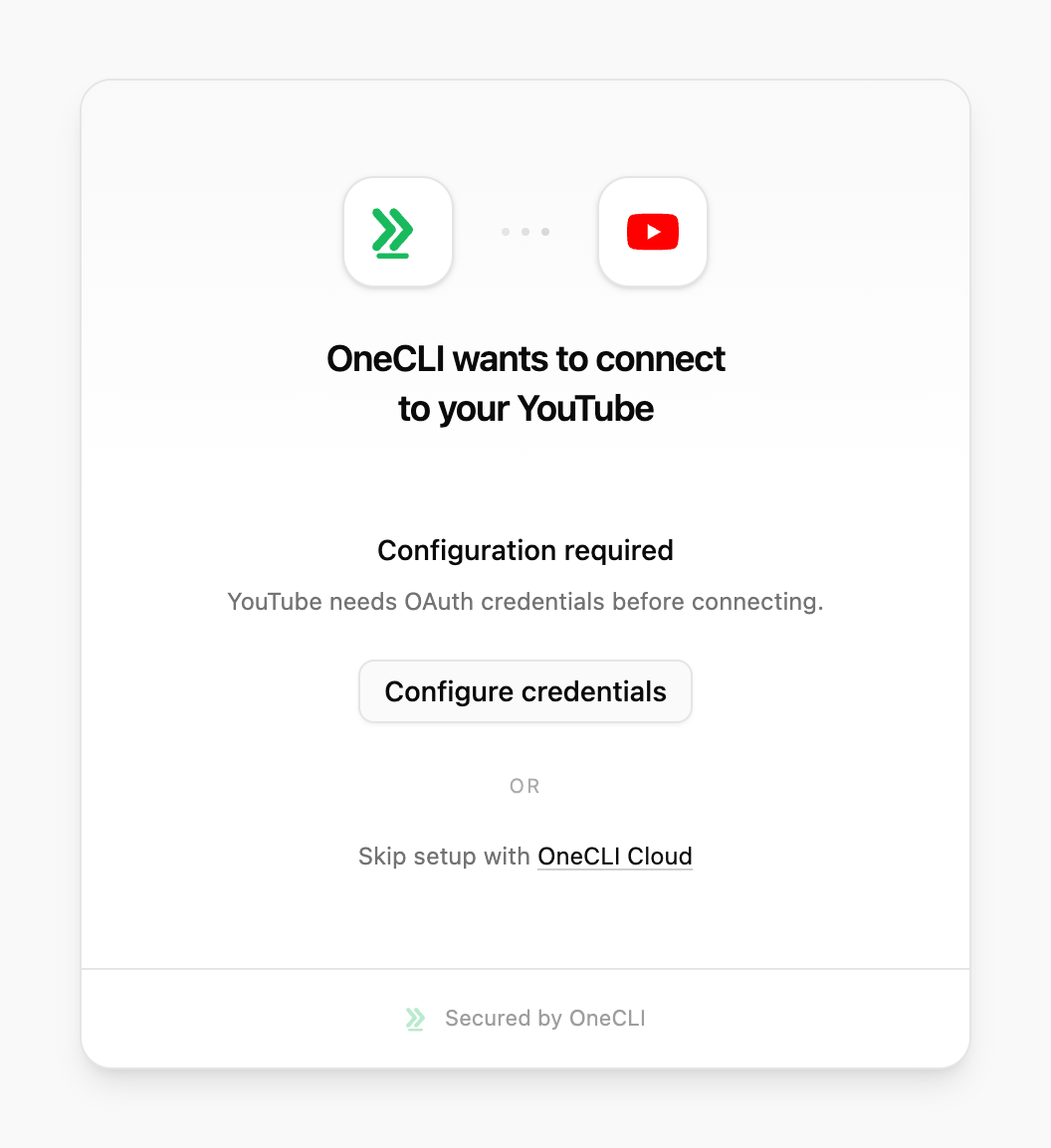 OneCLI connect window for YouTube showing Configuration required and the Configure credentials button.
