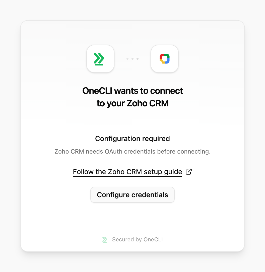OneCLI connect window for Zoho CRM showing Configuration required, the setup guide link, and the Configure credentials button.