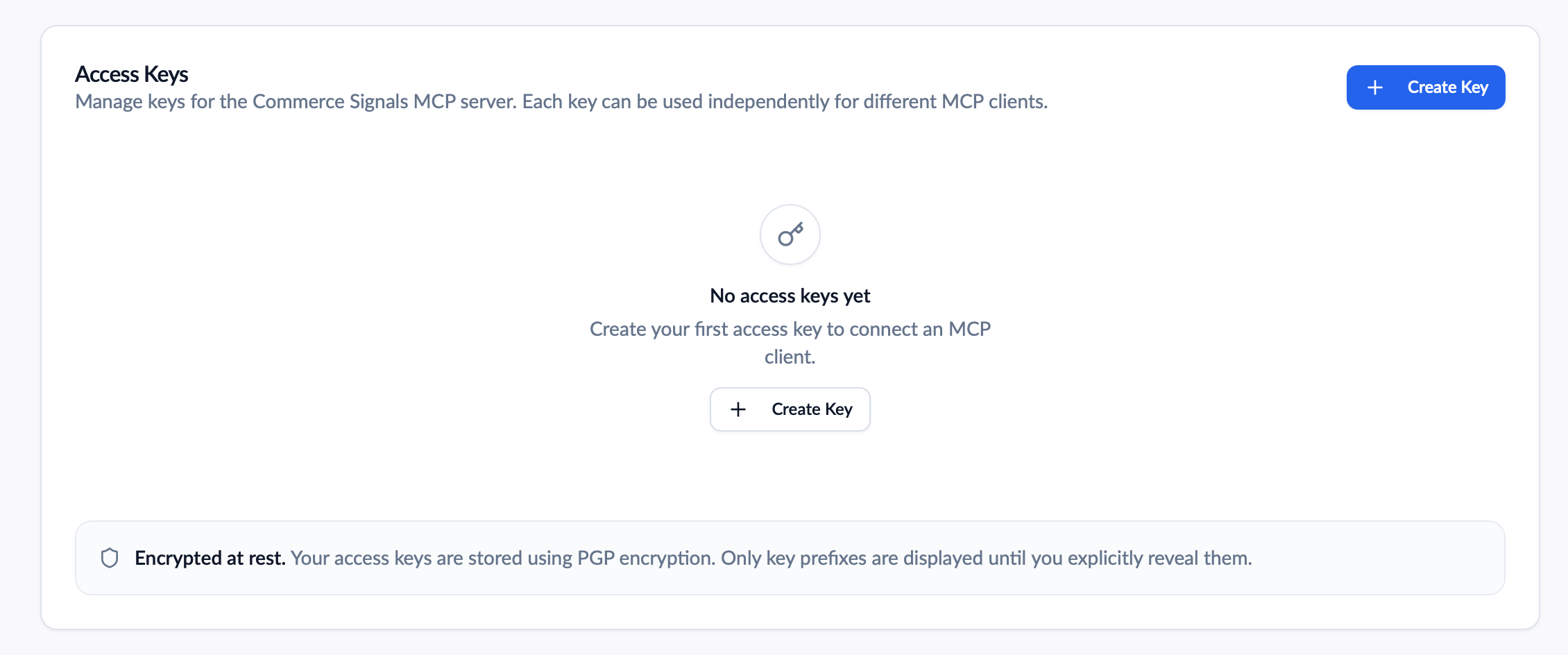 Access Keys card in its empty state, with a Create Key button and a note that keys are stored using PGP encryption