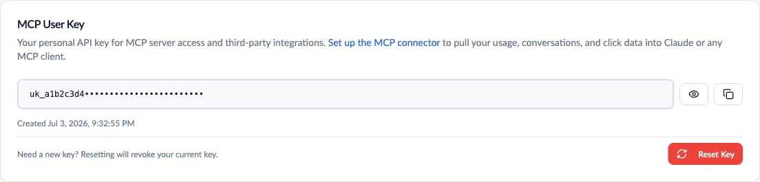 MCP User Key card showing a masked personal key with show, copy, and reset controls