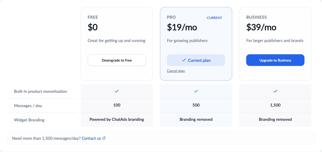 Plan comparison showing Free, Pro, and Business tiers with messages per day and branding differences