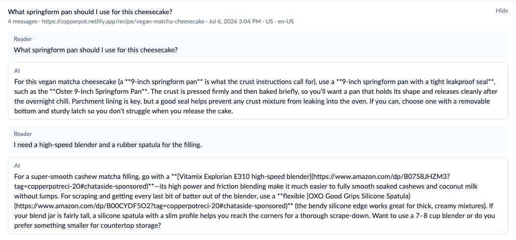 Expanded conversation showing reader questions and AI answers with affiliate links