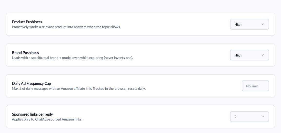 Product pushiness, brand pushiness, daily ad frequency cap, and sponsored links per reply settings