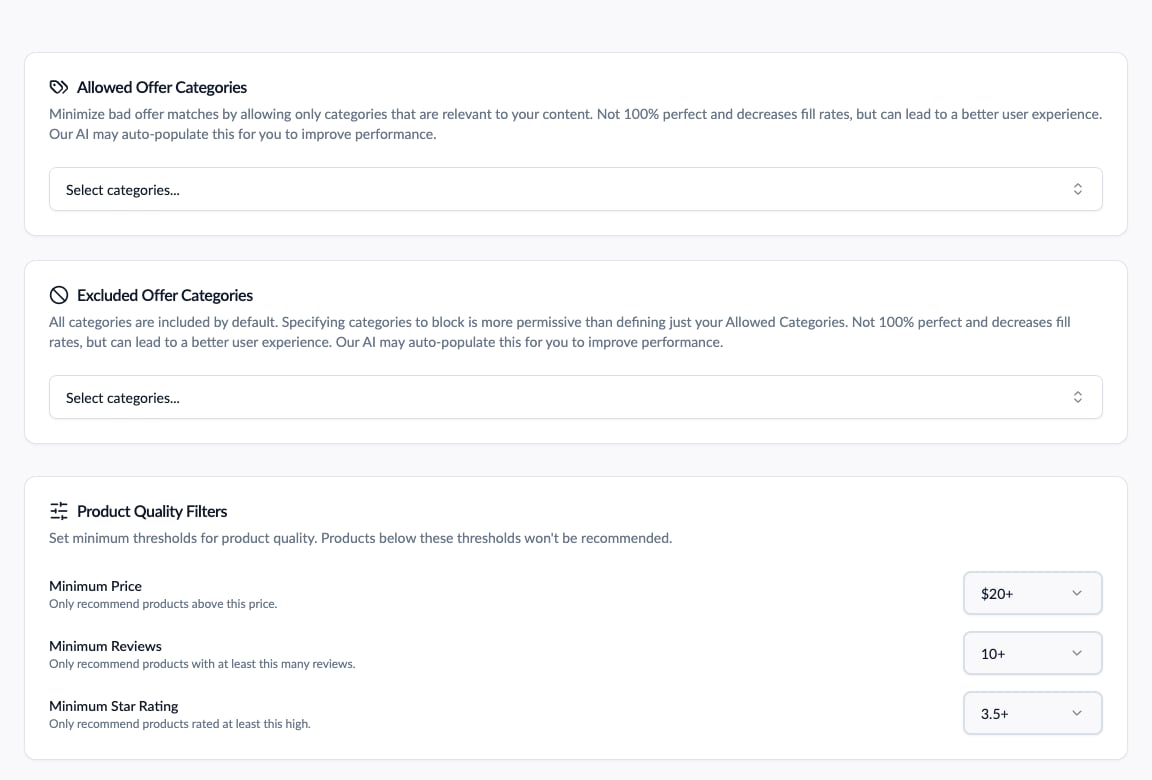 Allowed and excluded offer categories plus minimum price, review, and star rating filters