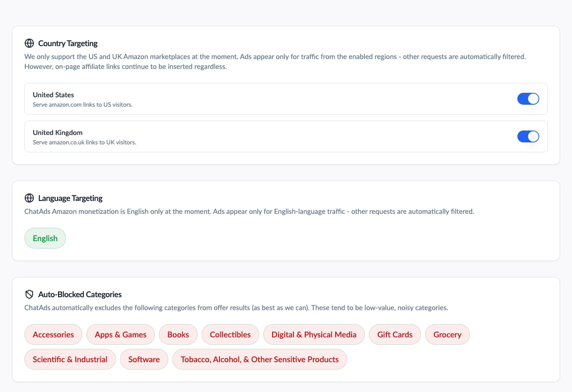 Country targeting toggles for US and UK marketplaces, English-only language targeting, and auto-blocked category chips
