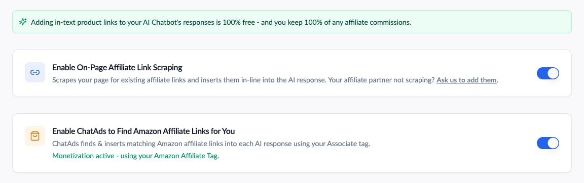 Monetize tab showing the on-page affiliate link scraping toggle and the Amazon affiliate links toggle