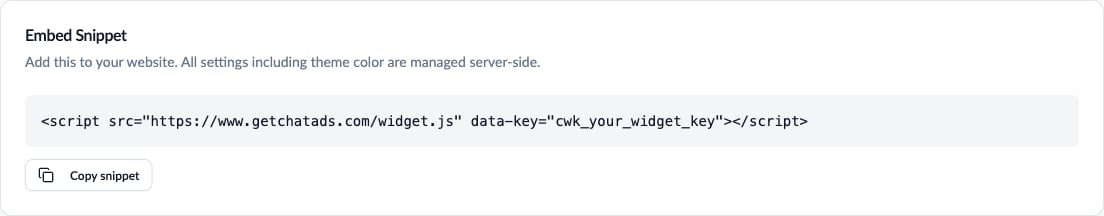 Embed Snippet card in the ChatAds dashboard with a copyable script tag