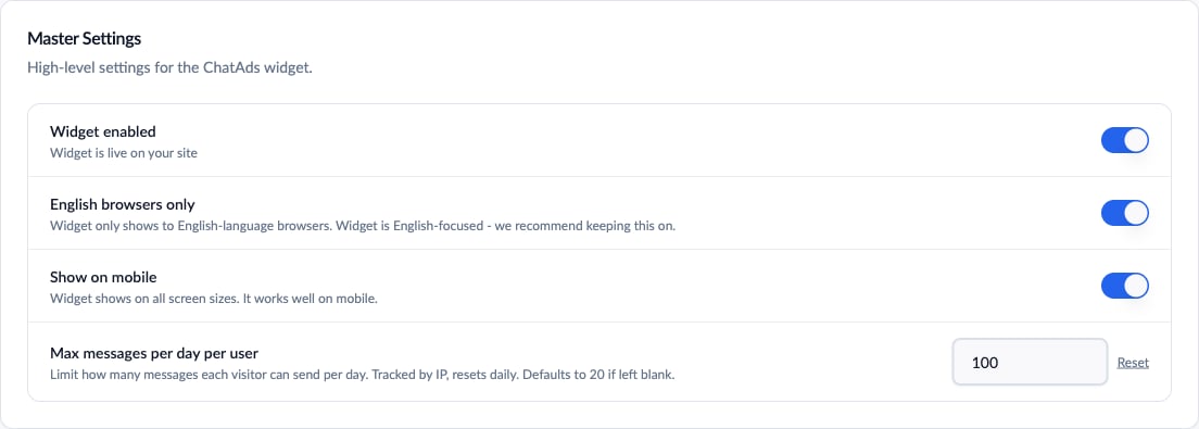 Master Settings card with widget enabled, English browsers only, show on mobile, and max messages per day settings
