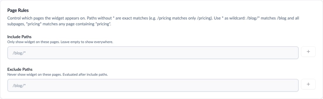 Page Rules card with include paths and exclude paths inputs