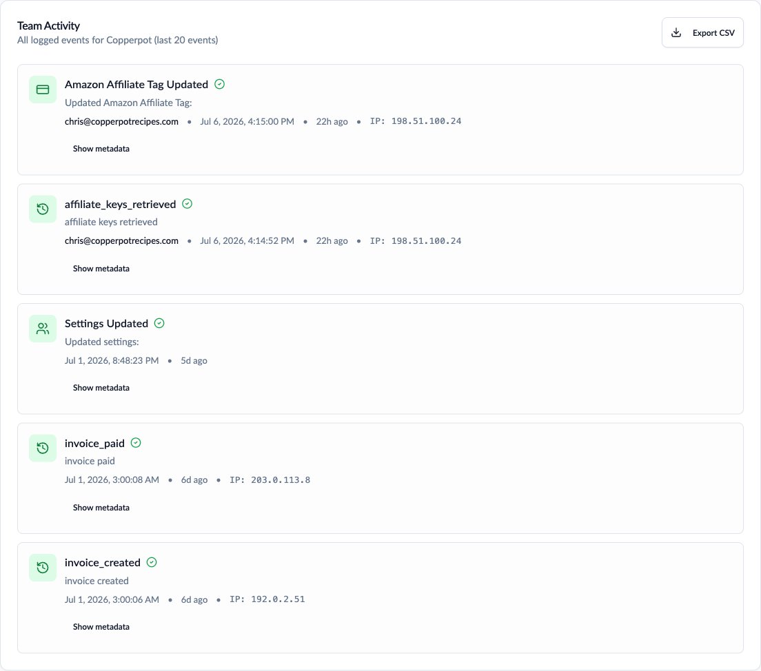 Team Activity feed showing logged events such as affiliate tag updates, settings changes, and invoices, each with user, timestamp, and IP address