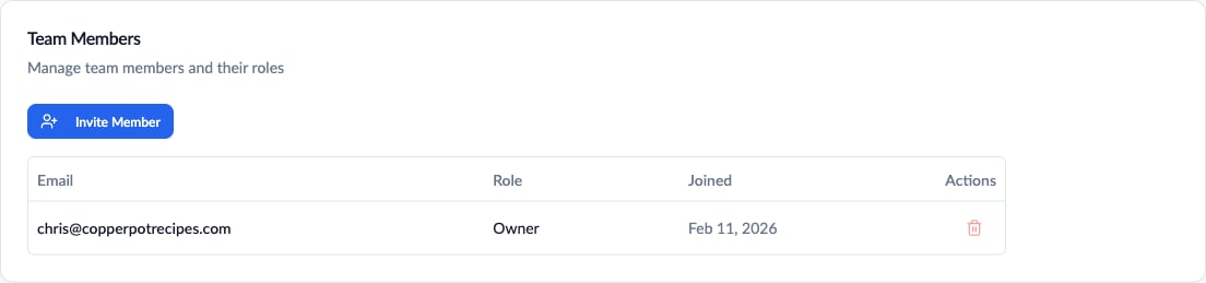 Team Members card with an Invite Member button and a table listing each member's email, role, and join date
