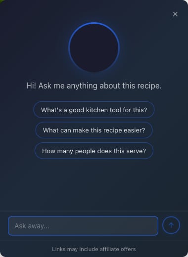 Open widget showing the welcome message and three starter question pills