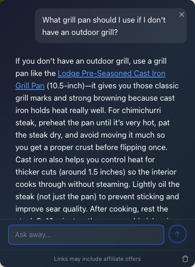 Widget reply recommending a Lodge cast iron grill pan with an in-line affiliate link