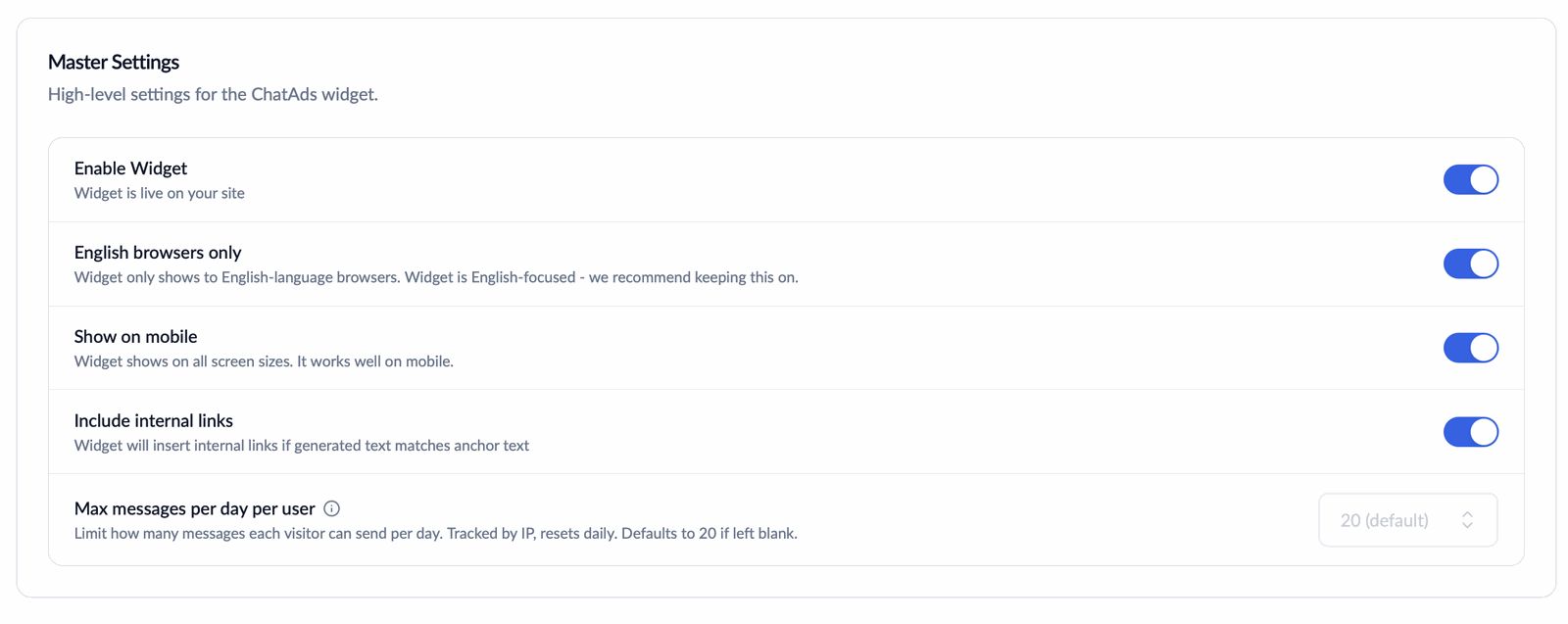 Master Settings card with enable widget, English browsers only, show on mobile, include internal links, and max messages per day settings