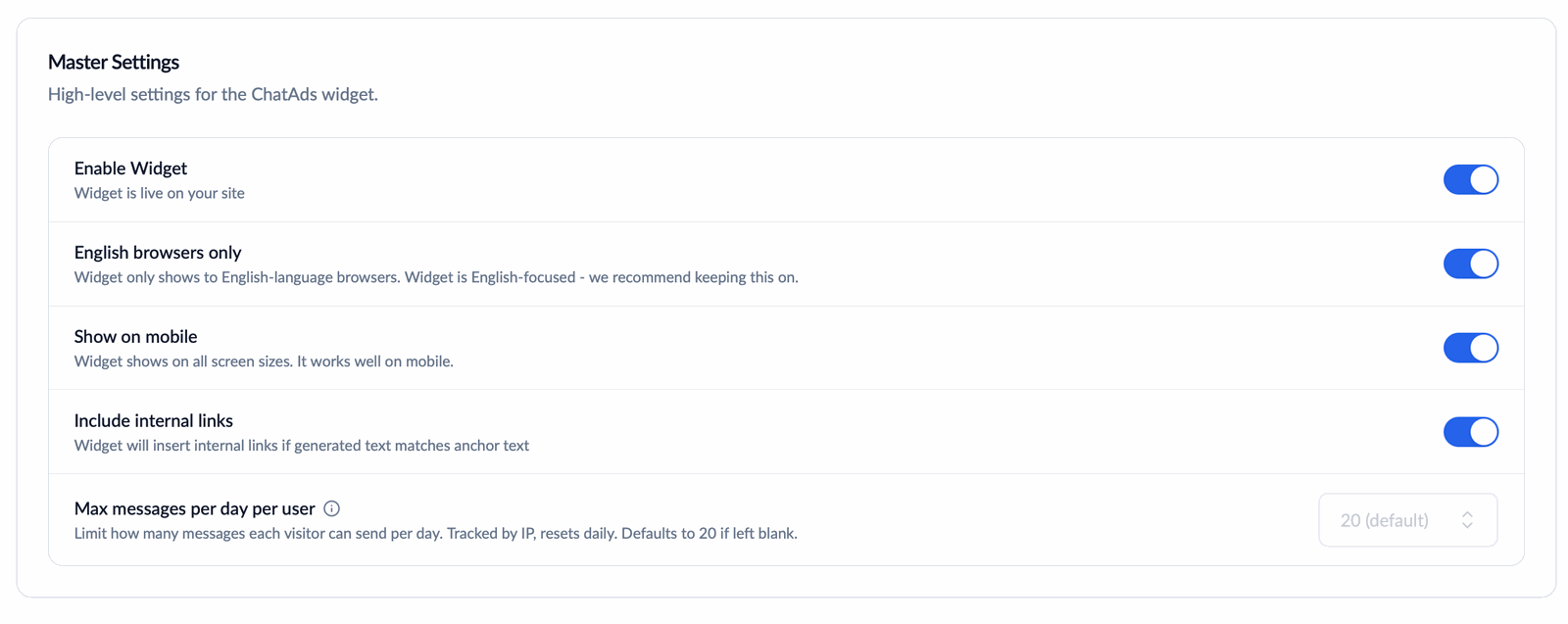 Master Settings card with enable widget, English browsers only, show on mobile, include internal links, and max messages per day settings