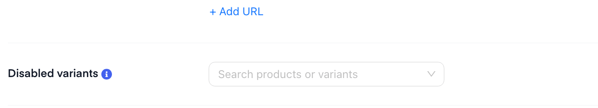 Back in Stock settings showing Disabled variants with Search products or variants