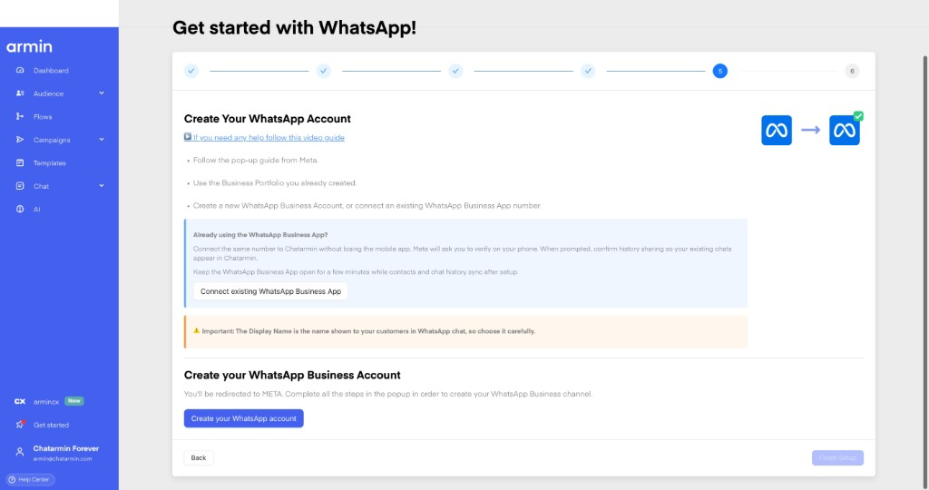 Bestehende WhatsApp Business App im Chatarmin-Setup verbinden