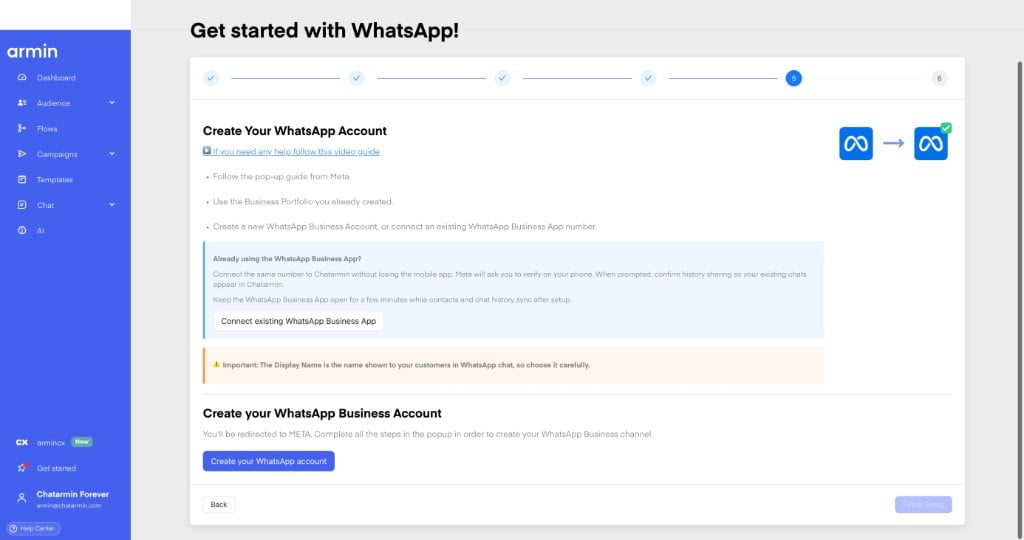 Bestehende WhatsApp Business App im Chatarmin-Setup verbinden