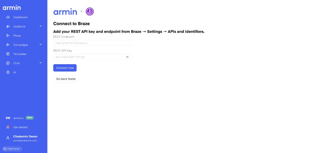 Braze connection page with fields for the REST endpoint and REST API key