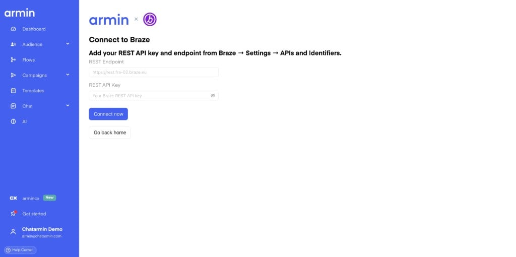 Braze connection page with fields for the REST endpoint and REST API key
