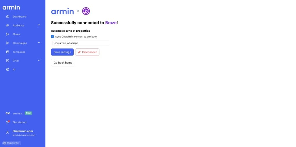 Connected Braze integration with automatic consent sync enabled for the chatarmin_whatsapp attribute