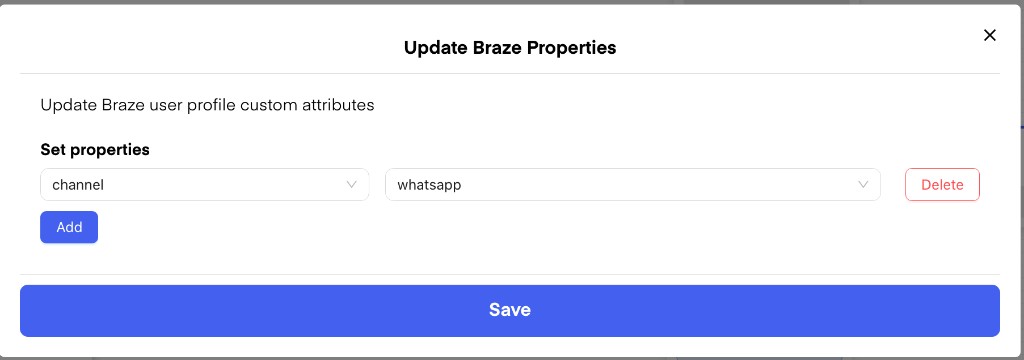 Update Braze Properties Flow action setting the channel attribute to WhatsApp