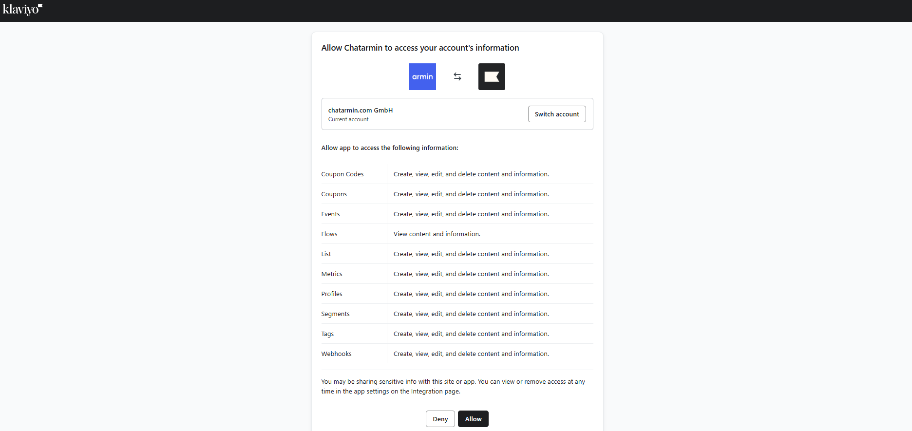 Klaviyo permissions screen to allow Chatarmin access