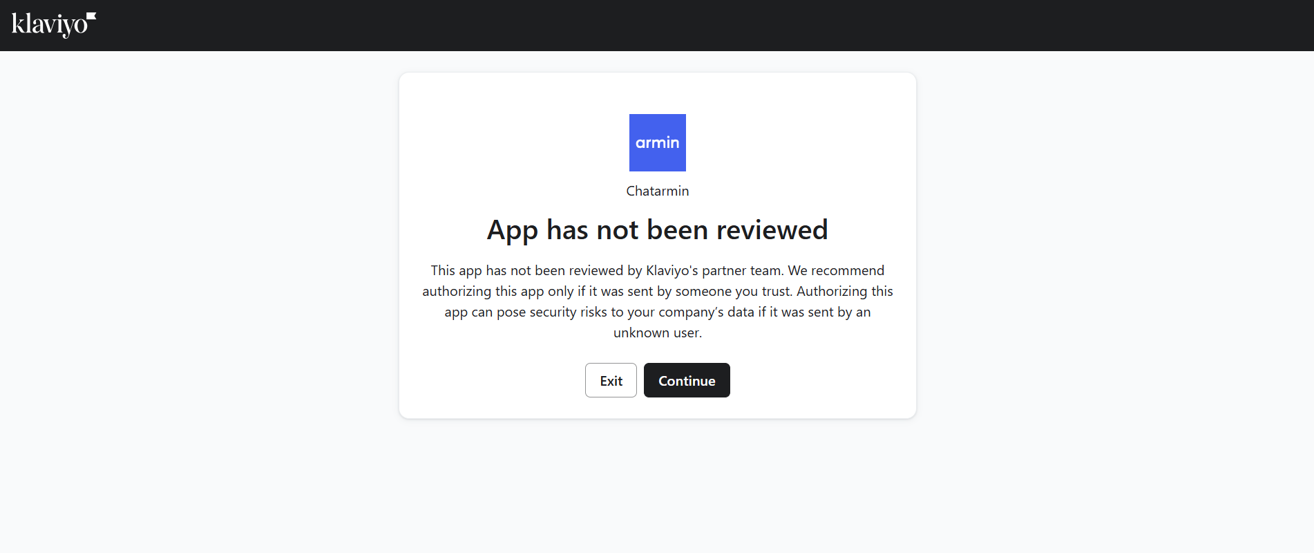 Klaviyo OAuth screen with Continue to authorize Chatarmin