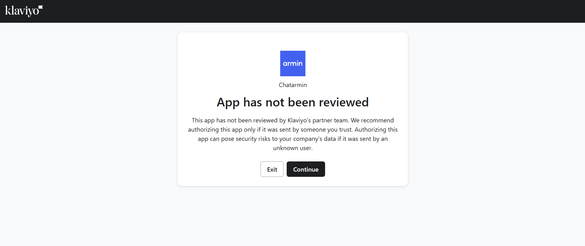 Klaviyo OAuth screen with Continue to authorize Chatarmin