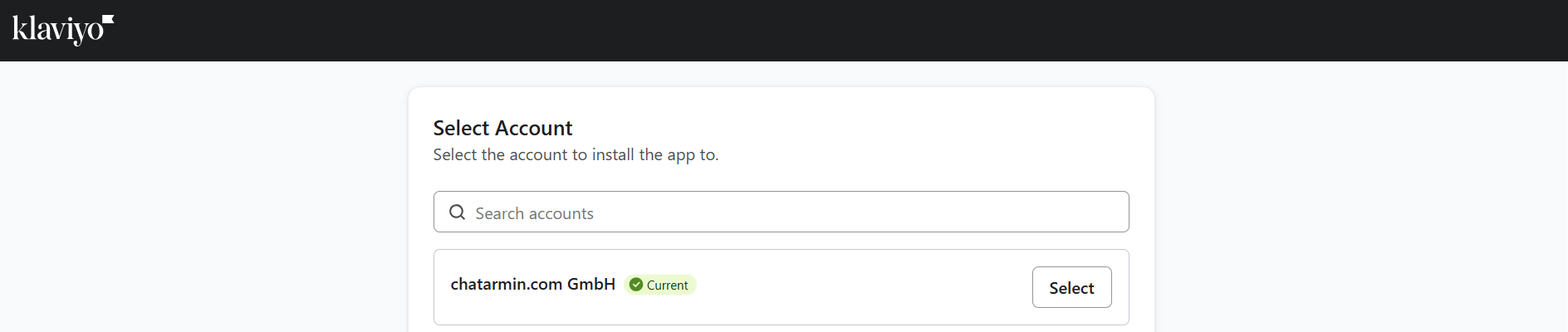 Klaviyo Select Account screen during Chatarmin OAuth