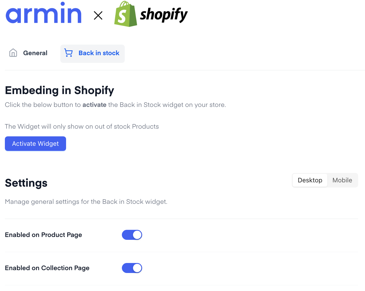 Chatarmin Back in Stock settings with Embedding in Shopify and Enabled on Collection Page turned on