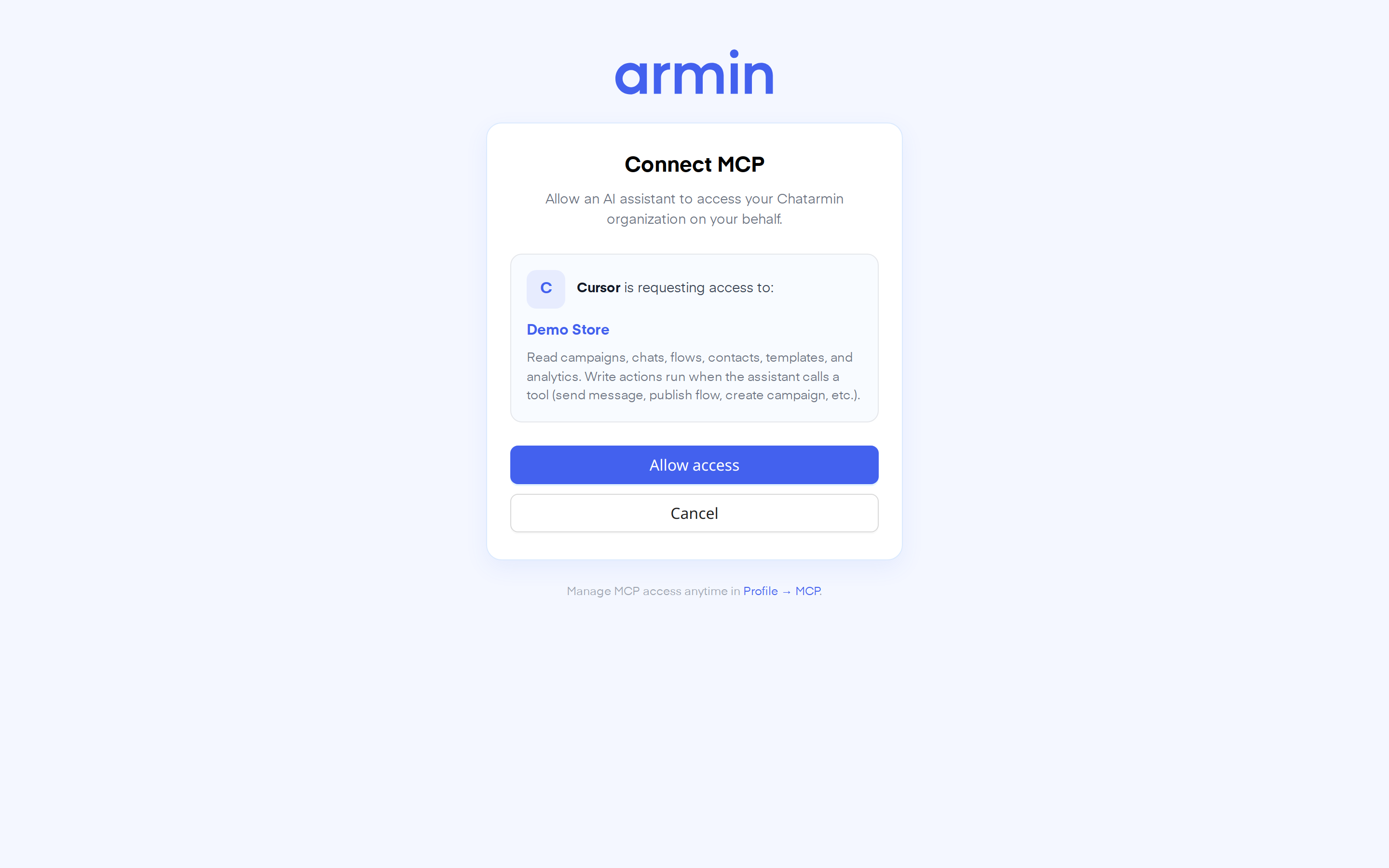 Chatarmin MCP OAuth consent screen for Cursor