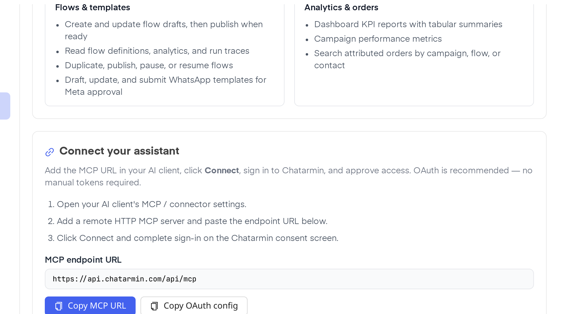 Chatarmin MCP endpoint URL and Copy OAuth config buttons